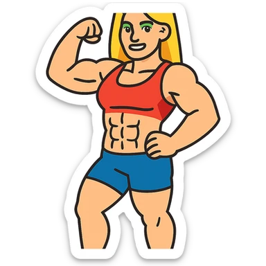 full body pose of a muscular white girl with blonde hair and green eyes, flexing 6 pack abs and one arm bicep sticker