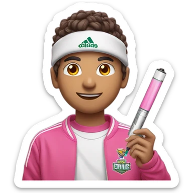 Arabic boy with layered cut, with pink adidas football shirt with white round logo, holding a vape pen sticker