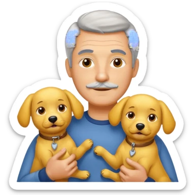 Italian man without a moustache and salt and pepper hair holding two yellow dogs sticker