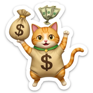 excited cat jumping into a classic money bag with a dollar sign, modern look, emoji style sticker