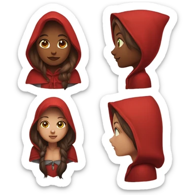 Red riding hood  wearing on her head with very red hood and big light green eyes long brown hair with hightlights sticker