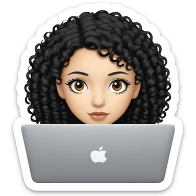 a girl using the mac book air with black curly hair and brown eyes with winged black eyeliner sticker