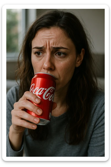 donna con ansia. Che beve coca cola. Immagini realistiche sticker