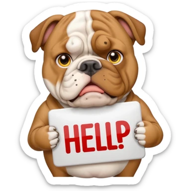 English bulldog with a worried face holding a 'need help' sign, emoji style sticker