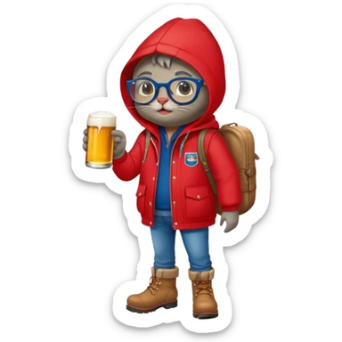 Catfish in a red winter jacket with hood, wearing round glasses, blue jeans, red boots, holding a beer can with a red label sticker