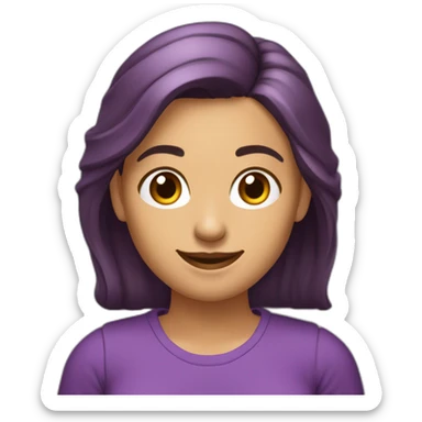 mujer con piel de color blanco con cafas camisa morada sonriente cabello corto y de color marron con un computador sticker