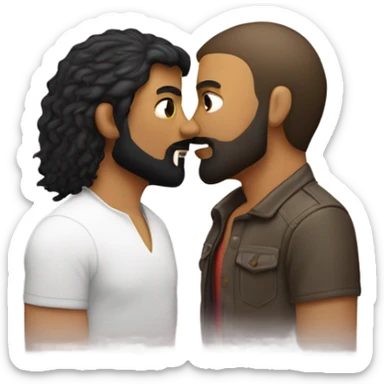 Gay couple, one white with black beard and mullet hair other brownish sking, they are kissing sticker
