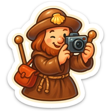 medieval pilgrim taking a photo, very cute, funny, highly stylized, retro stickers style sticker