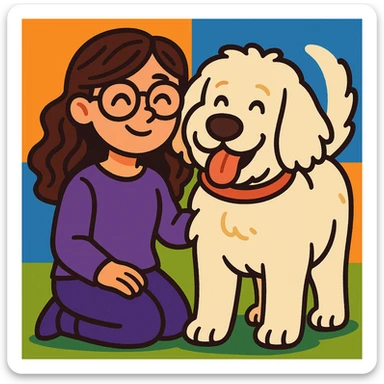 brunette female with glasses in a purple outfit and her large white or cream colored goldendoodle, cute cartoon style sticker