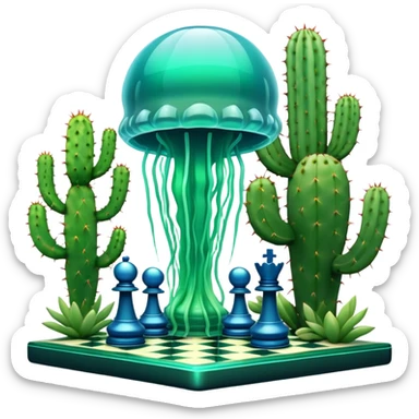 surreal cosmic jellyfish playing chess with a cactus sticker