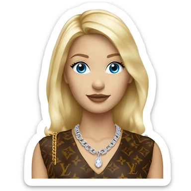 a full standing blonde female with blue eyes wearing a diamond chain with a pendant saying bonnie with louis Vuitton clothing  sticker