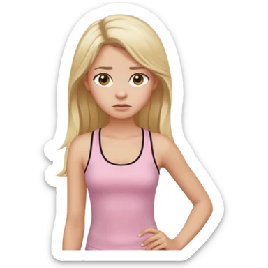 Create a young woman with long blonde hair, golden eyes, and medium-light skin tone, wearing a light pink tank top and leggings. She should be in portrait mode, but with a subtle doubting facial expression—slightly raised eyebrow, small frown, .  and her hand next to her chin likethinking face emoji sticker
