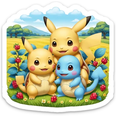 Two Pokémon are playing in a field. Pikachu has a light to share, but Squirtle has none. Pikachu sees this is unfair, so he shares the berries with Squirtle. They smile and eat together. Show this as a cute Pokémon emoji scene about justice and fairness.

 sticker