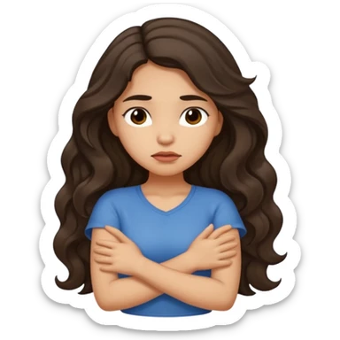 Hispanic light tan girl with long dark wavy hair crossing her arms under arm pit and slightly pouting sticker