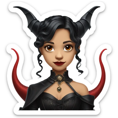 surprised Lavish Victorian black evening gown with gloves, Jenna Ortega as Addams girl Jedi wearing a steampunk mini tiara, very large blood red evil-looking horned dragon sticker