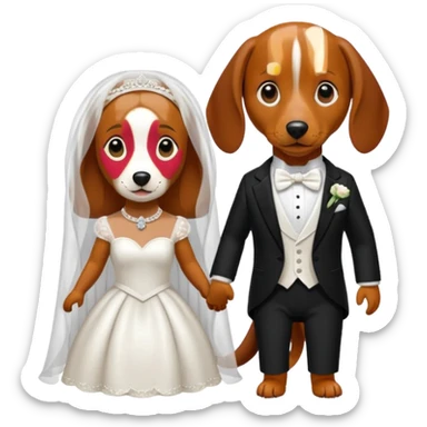 A brown dachshund as a bride and a beige beagle as a groom  sticker
