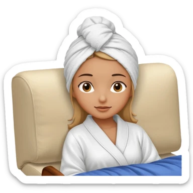 spa A contented and relaxed girl with a towel on her head in a white robe lies on a couch. The icon displays the couch and the girl in full three-quarter view. sticker