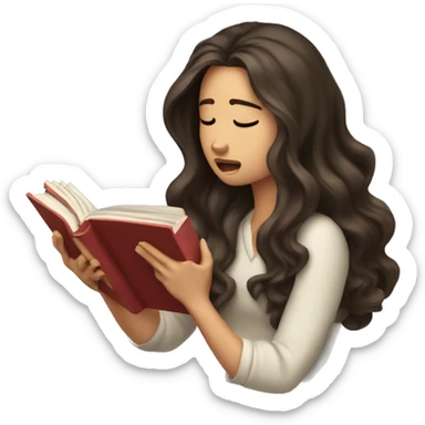brunette long wavy hair woman crying tears down face while holding and reading book sticker