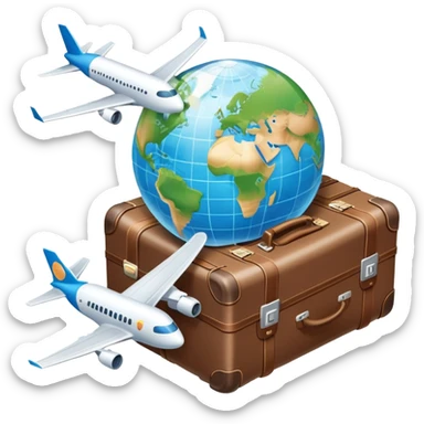 An icon featuring a suitcase, a hotel building, and a globe, symbolizing tourism and hospitality. The design includes a plane and a map, representing travel and accommodation services. Transparent background highlights the global nature of tourism and the hospitality industry. sticker