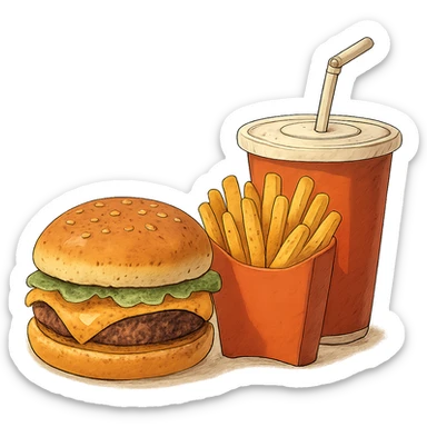 ghibli style burger meal set with fries and drink sticker