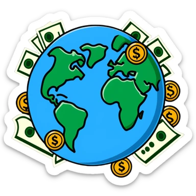 Money world with dollar bills and coins surrounding Earth sticker
