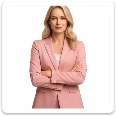 blonde businesswoman in a pink suit, standing with arms crossed sticker