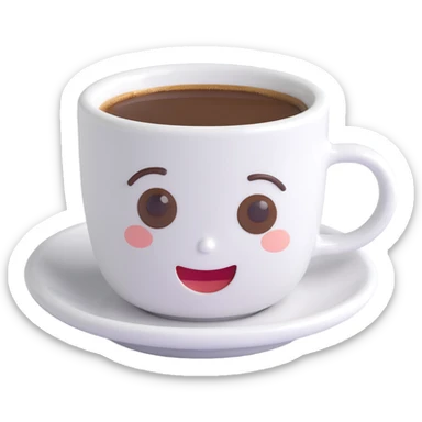 3D emoji style small white espresso cup with dark espresso and cute face sticker
