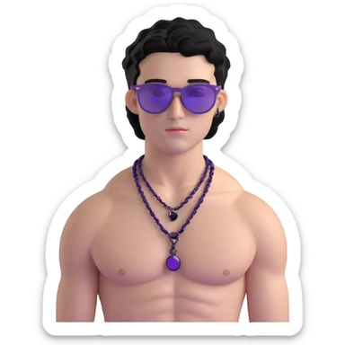 shirtless male athlete with white skin and moderately curly black hair on top with shaved sides, wearing purple sunglasses with very dark heavily tinted black lenses, and a simple plain black chain necklace, no earrings or other jewelry sticker