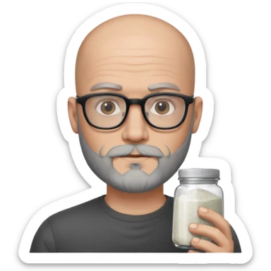 Bald man with salt and pepper beard and rectangle glasses and shoulder tattoos  sticker
