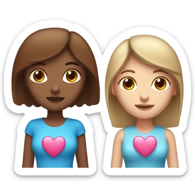 two ladies in love with a heart. the one on the left is a white lady with blue eyes and a brown bob with a pink shirt. the second is a venezuelan lady with brown eyes and dark brown hair with a red dress sticker