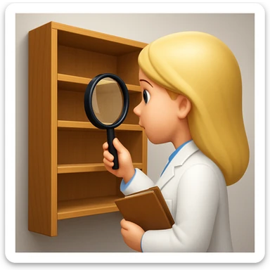emoji of white empty shelf in perspective view with a standing woman nearby, she is looking at the shelfs with a magnifying glass, she is turned to the shelfs, emoji style, adjust the perspective to be more dramatic sticker