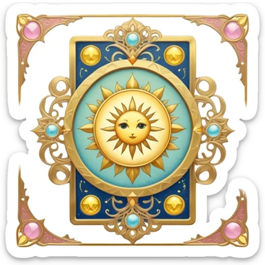 magical tarot-like card inspired by the Clow Cards from Cardcaptor Sakura. The card has ornate golden borders, a sun or moon symbol at the top, and a mysterious illustration in the center. The background is a soft, enchanted pastel tone. sticker