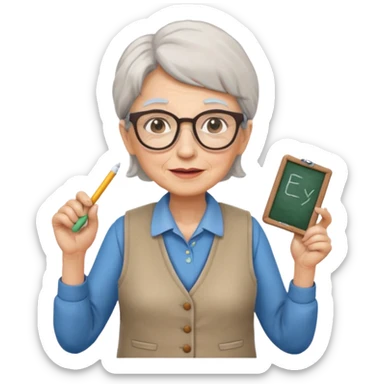 woman teacher, old, wearing vest, wearing glasses, hold chalk on their hand sticker