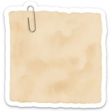 Add a realistic silver paperclip accent to the faded beige torn notebook paper scrap. Keep the watercolor texture and transparent background. No face, no hands, no legs, no characters. The paper scrap has a faded beige color and torn edges. sticker