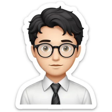 Young man with black wavy hair, round glasses, dressed for theater in smart casual outfit with dress shirt and tie sticker