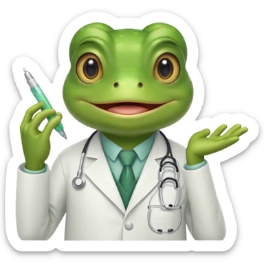 A frog in a doctor’s coat, happily examining a patient, portrait sticker