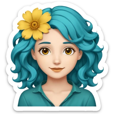 A woman with wavy teal-blue hair styled in loose curls. Her hair is adorned with large golden-yellow flower petals She has soft brown eyes, smooth skin, and a small friendly smile on her face. sticker