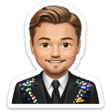 Leonardo DiCaprio with light brown hair, black sequin suit sticker