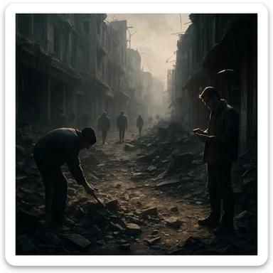 A group in a ruined city street, most people ignoring the destruction, two individuals picking up debris or studying the damage. Lighting highlights the two, others in shadow. Conceptual, symbolic, cinematic, emotionally charged, hyperrealistic 4K. sticker