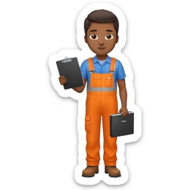 Indian male railway engineer orange overalls, boots holding a clipboard in one hand sticker