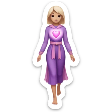 A small figure walks back across a foggy bridge, holding soft pink and purple orbs in each hand—symbolizing compassion and forgiveness. A gentle heart aura trails behind them, showing healing in motion. sticker