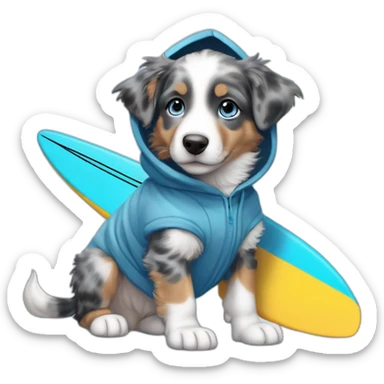 a 5 month old puppy, miniature American shepherd breed, blue merle color, with blue eyes, wearing a blue hooded sweatshirt and a surfboard under his arm sticker