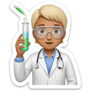 A person wearing safety goggles, a stethoscope, and a white coat. In one hand they hold a test tube containing chemicals and in the other a syringe. sticker