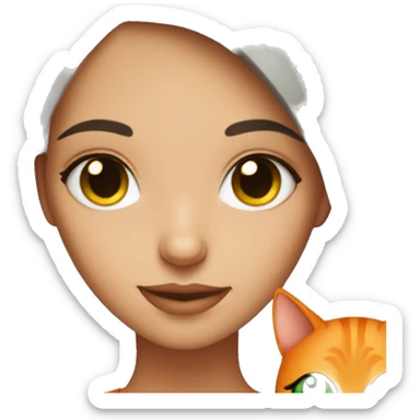 Gorgeous brunette with green eyes holding a orange cat sticker