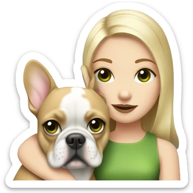 A blonde girl with green eyes with a square hugs a French bulldog with brown eyes and dark gray fur sticker