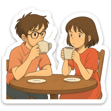 ghibli style boy and girl sitting at a table sipping coffee sticker