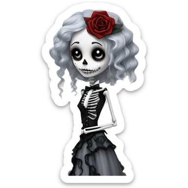 full height skeleton body, tim burton "corpse bride", thin porcelain doll with a cracked face, goth makeup watery eyes, long gray hair, lace and ruffles, lolita style, inked, black and white, red roses sticker
