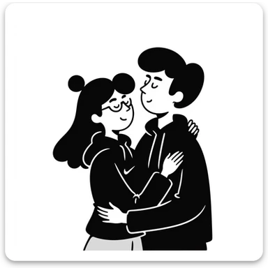 hispanic man with black hair hugging a light-skinned woman in a black Nike hoodie, woman has one bun in the back and thin black glasses sticker