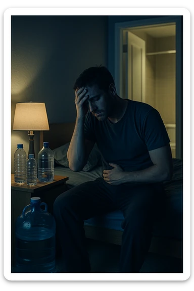 A cinematic scene of a man in his 30s sitting on the edge of his bed at night, clearly tired and frustrated. On his nightstand are several empty water bottles and a large reusable water jug, suggesting excessive hydration. A dim lamp casts soft shadows in the room, and the door to the bathroom is open with light spilling out — symbolizing repeated nightly visits. The man holds his head in one hand, while the other rests on his abdomen, eyes heavy with fatigue. The atmosphere is quiet and introspective. Cool color grading with deep blues and pale yellows enhances the nighttime mood. Style: 35mm cinematic realism, with attention to emotional detail and ambient lighting sticker
