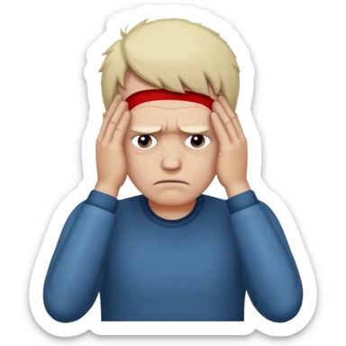 A white man sits at his desk, clutching his head in his hands. sticker